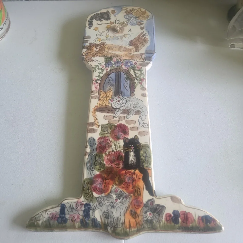 VTG Blue Sky Clayworks CATS Wall Clock Hand Painted Heather Goldminc READ